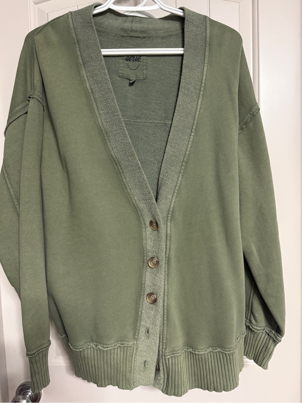 Aerie Fleece Cardigan - Olive Green V-Neck Button